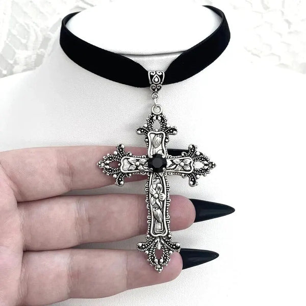 Gothic Cross Black Velvet Necklace