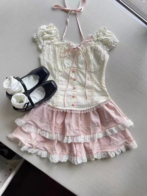 Set Slash Neck Lace Top & Ruffle Skirt