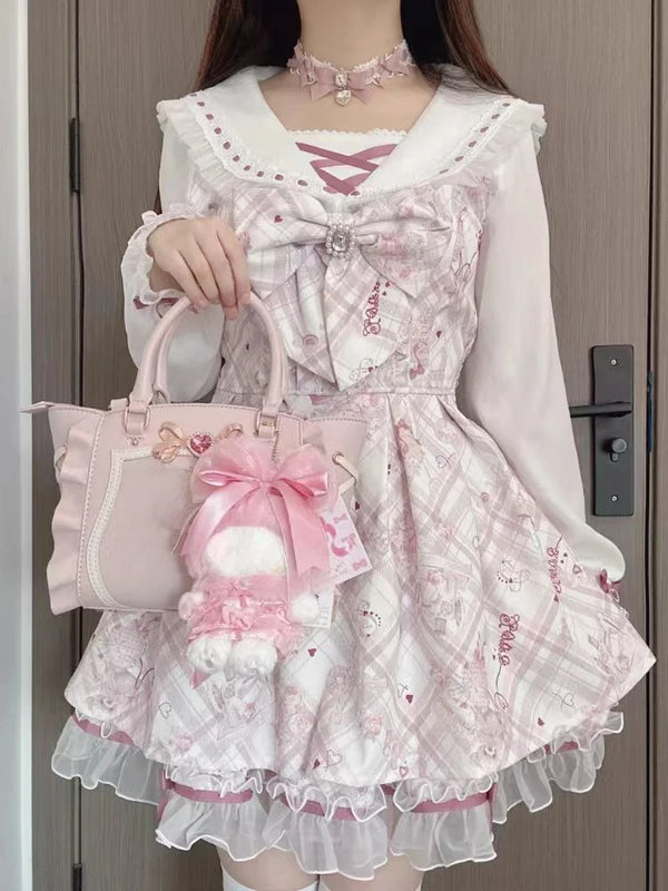 Sweet Lolita 2 Piece Set Plaid Bow Dress + Long Sleeve Top