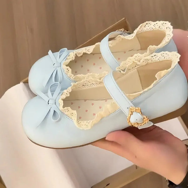 Lolita Mary Jane Flat Shoes with Bow and Lace Trim