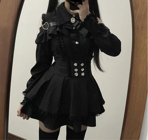 Black Set Gothic Ruffle Mini Skirt Gothic Lolita Y2k Aesthetic