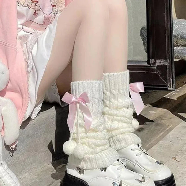 Leg Warmers Cozy Knit Knee High Socks with Fuzzy Fur Cuffs & Ribbon