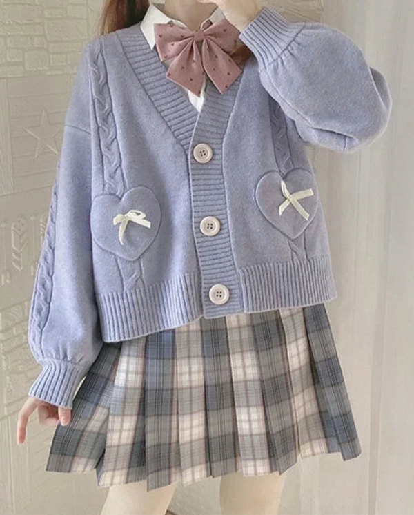 Knitted Cardigan Heart Shaped Bow Pockets