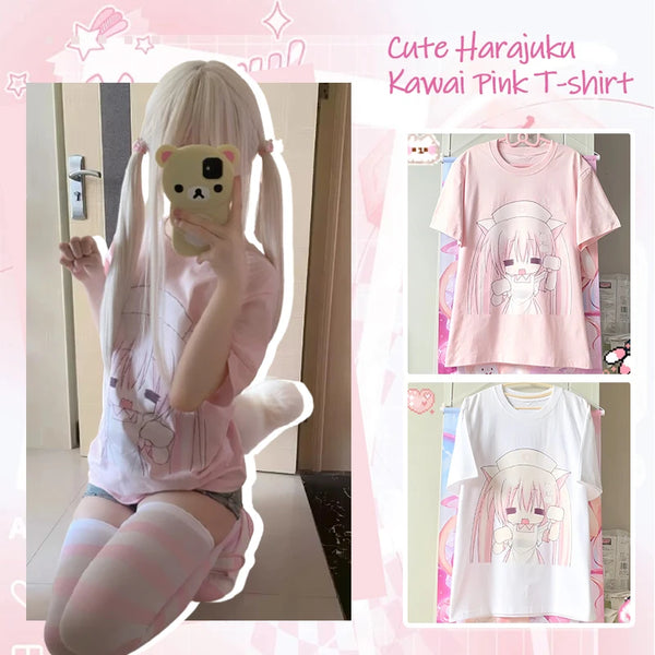 Kawaii Pink Harajuku Anime Tee Y2K Cartoon Girl Loose