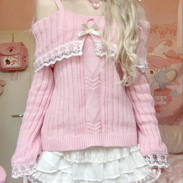 Kawaii Shoulder Sweater Y2K Aesthetic Vintage Long Sleeve Pullover
