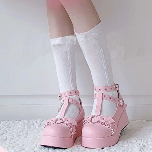 Chunky Pink T Strap Platform Shoes Lolita Style