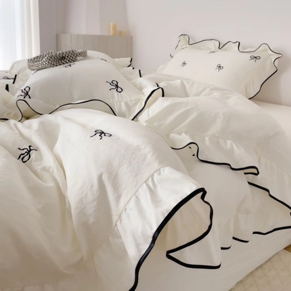 Bow Embroidery Ruffled Bedding Set