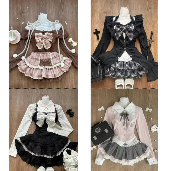 Lace Blouse & Plaid Skirt 2-Piece Y2K Fit